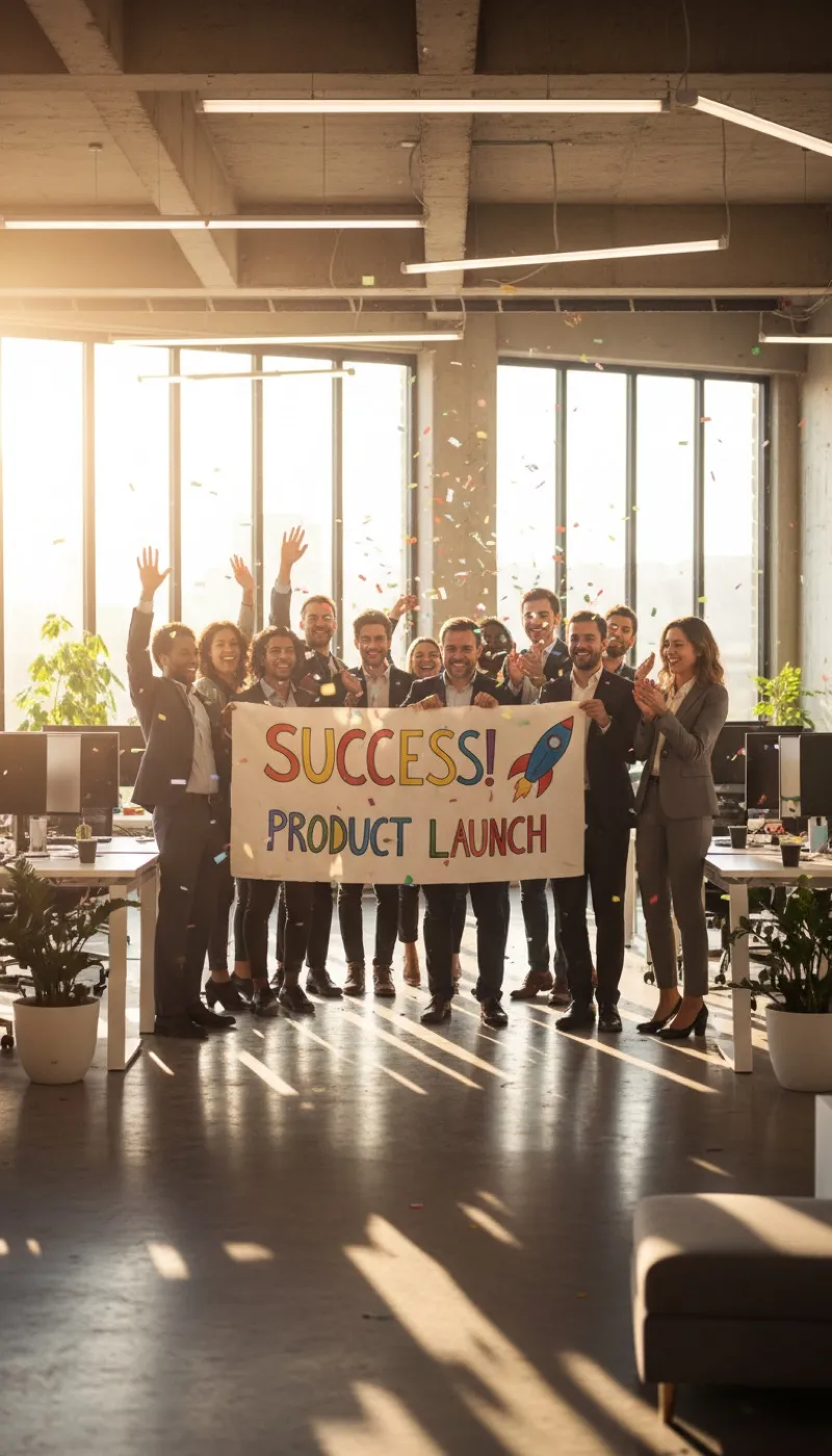 The team holding a hand-painted product launch banner