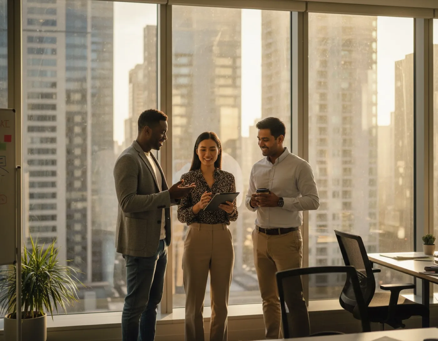 Colleagues talking through the day's work in the open office