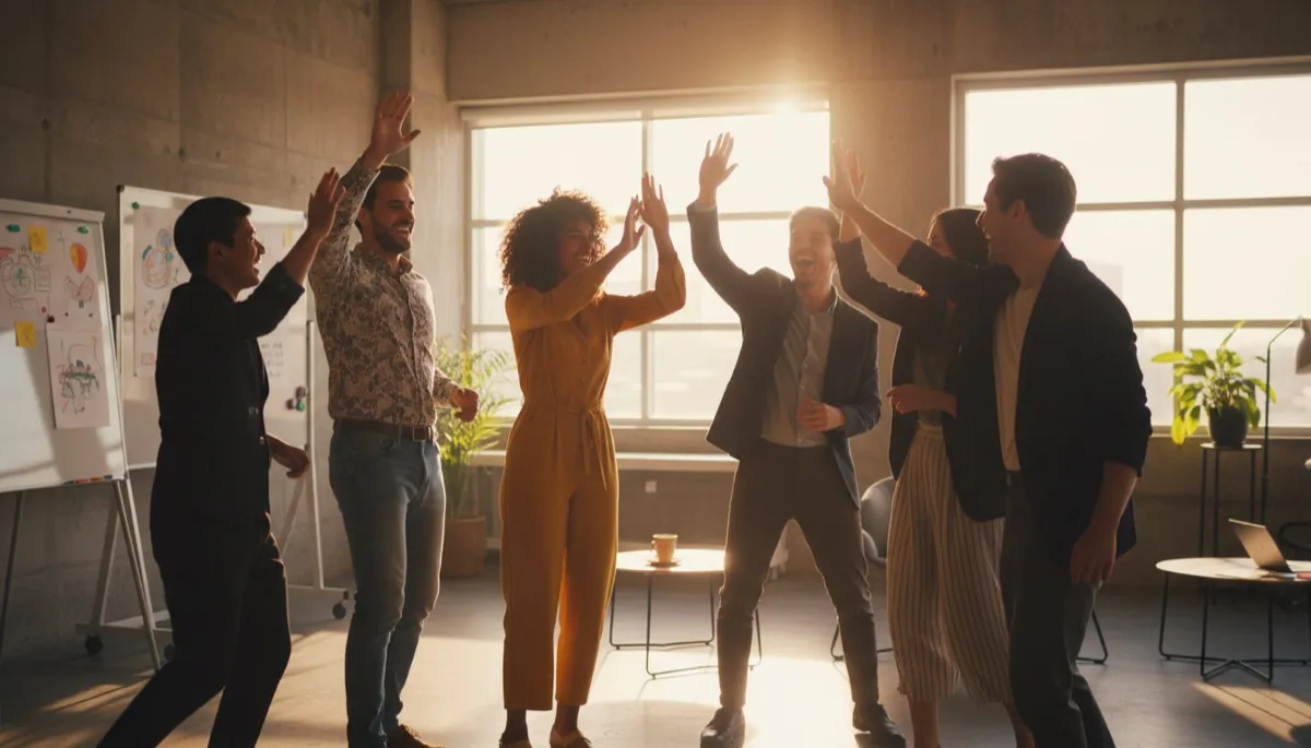The CouponzGuru team celebrating together with raised hands