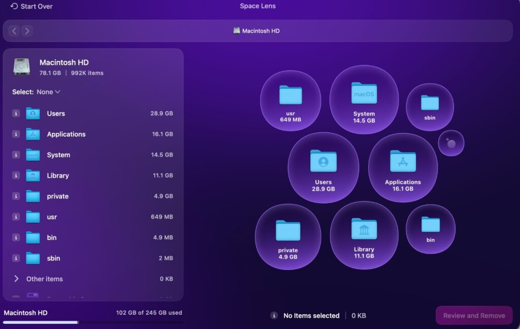 Space Lens tool to manage storage.