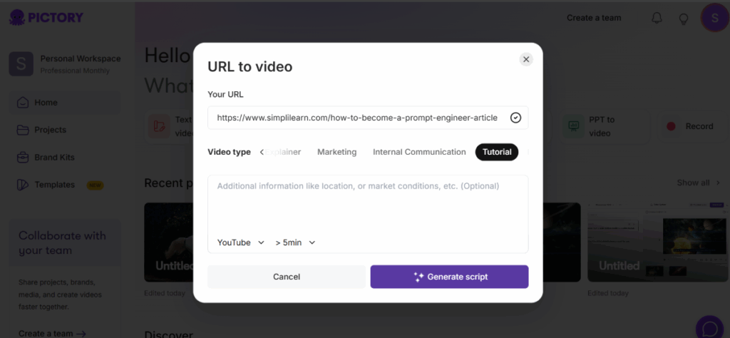 URL to Video tool in Pictory