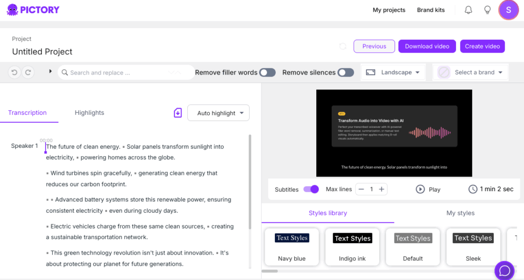 Audio to video tool in Pictory