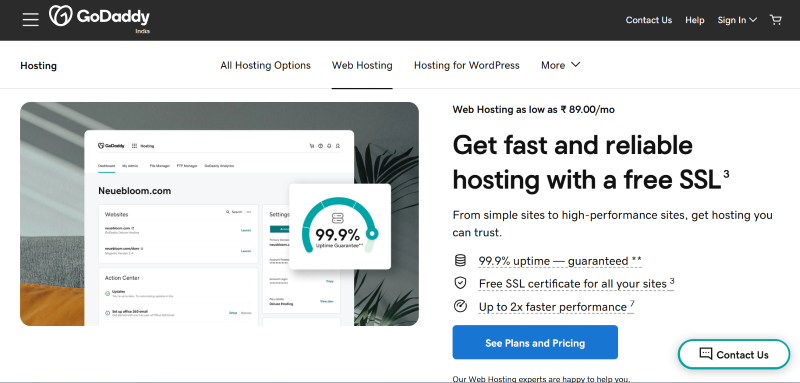 GoDaddy webhosting with 99.9% uptime
