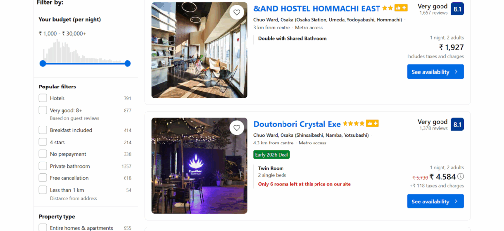 Hotel listings on Booking.com