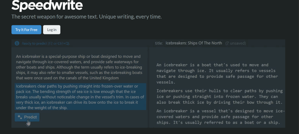 Sentence prediction using SpeedWrite 