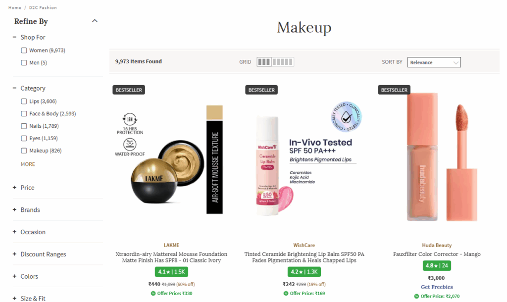 Makeup products on AJIO