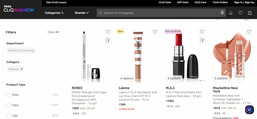 Makeup products on Tata CLiQ