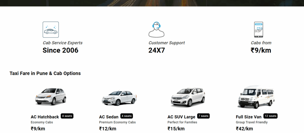 Taxi Fare and cab options in Pune