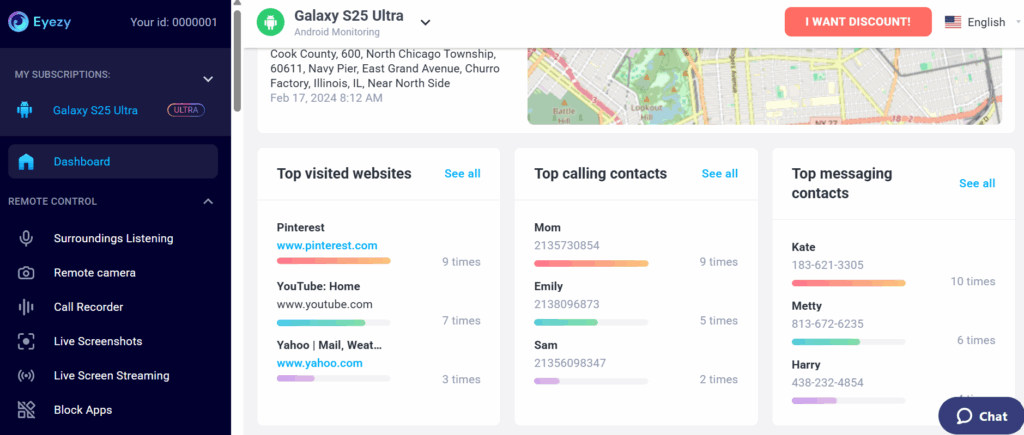 Eyezy dashboard for parental control