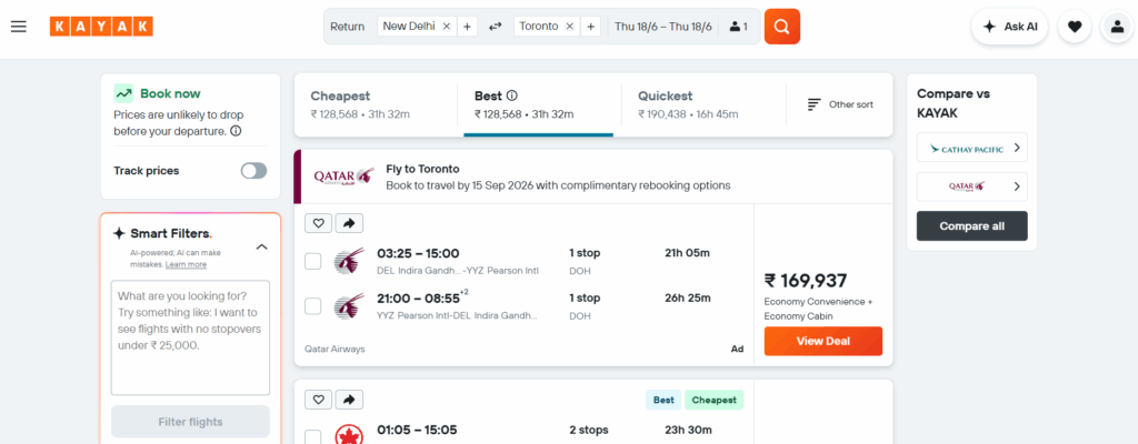 Flight Booking on Kayak