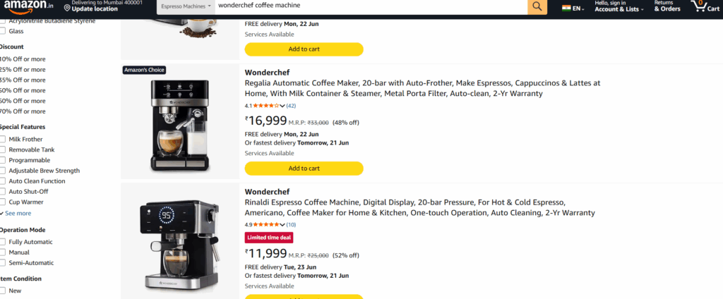 Wonderchef coffee machines