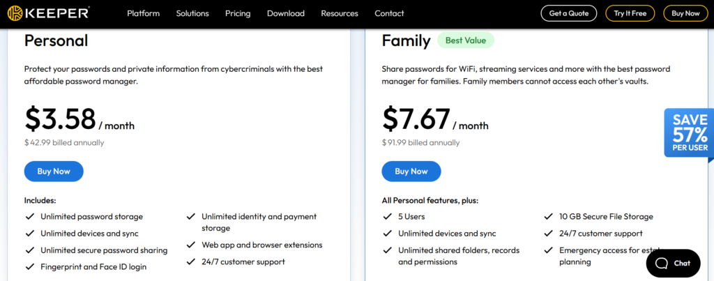 Personal and Family Keeper Security Pricing Plans