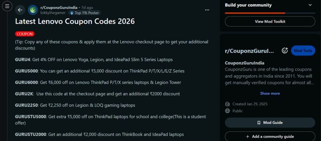 Latest Coupon Codes Post on CouponzGuru Subreddit
